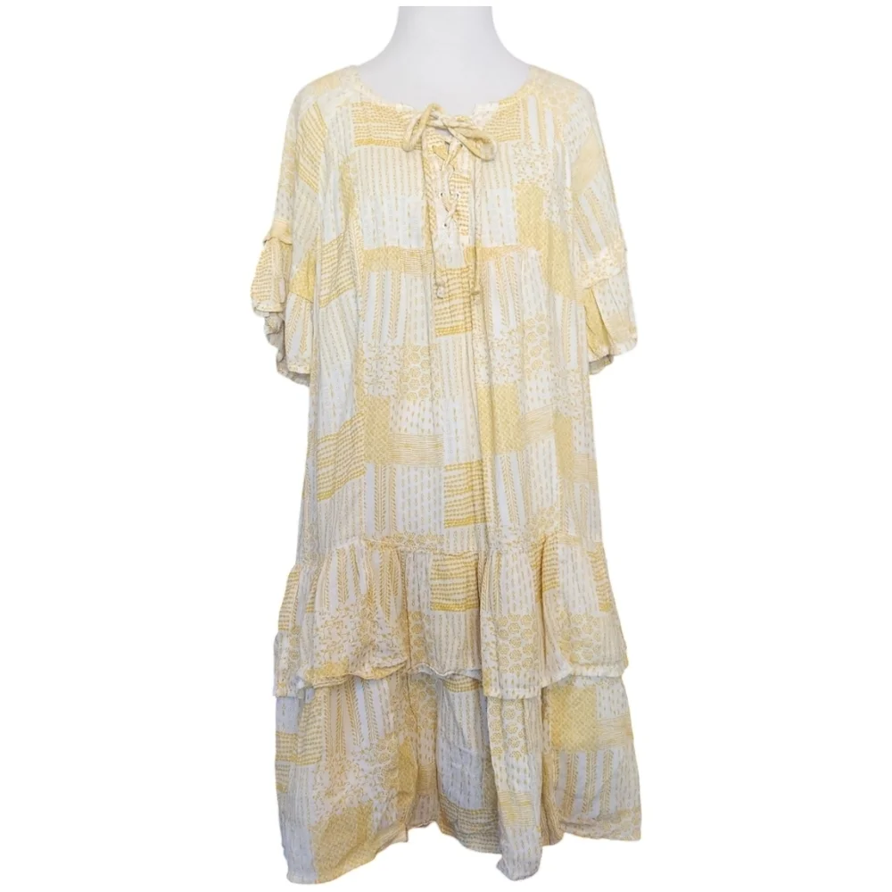 Caslon Yellow Lace Up Tiered Dress Size Medium - Picture 3 of 7